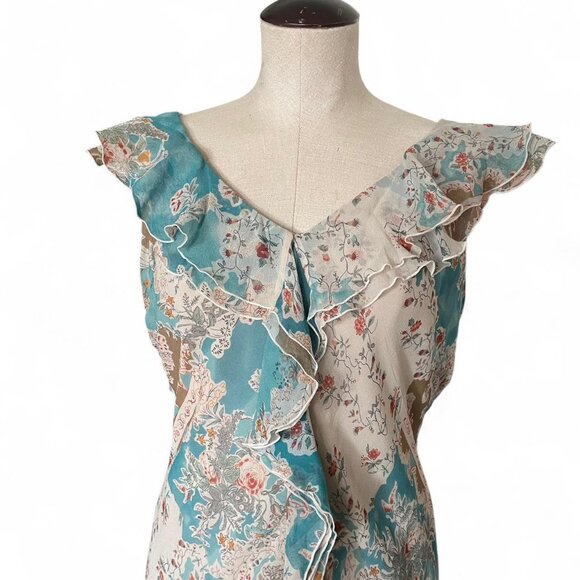 Vintage Y2K 100% Silk Paisley Print Dress with Ruffles - Midi Dress - Size 16 - Picture 2 of 6